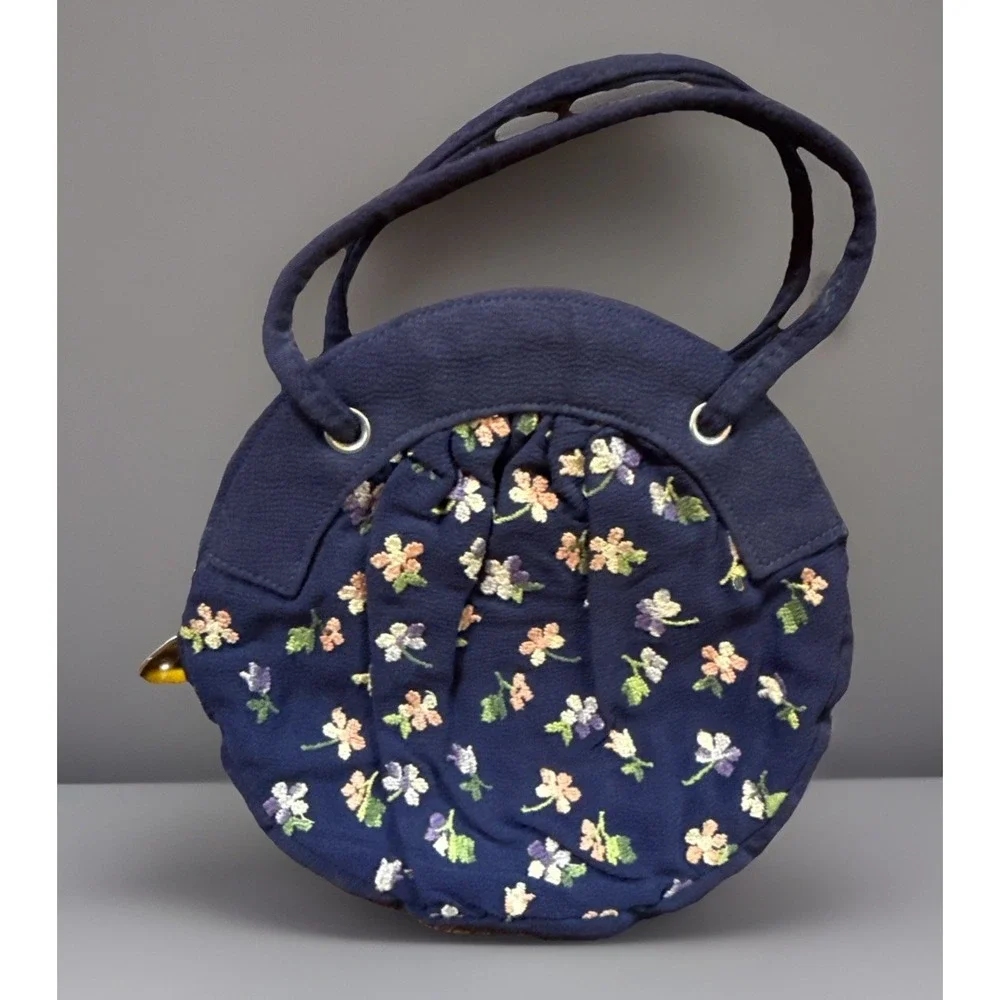 Small Blue Floral Embroidered Round Vintage Purse Clutch W/ Marble Charm Zipper